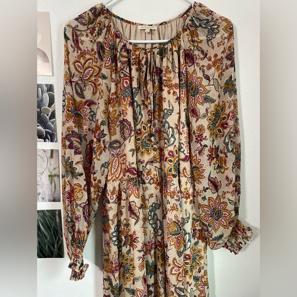 Boho Floral Peasant Dress in Cream, Mustard & Burgundy